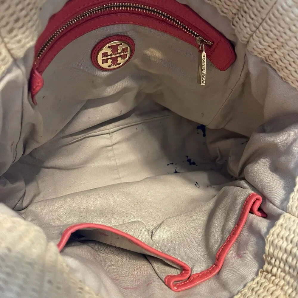 Tory Burch Pink Raffia Basket Weave Tote Straw Handbag